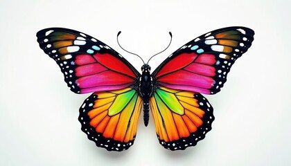 Fototapeta premium Colorful monarch butterfly with open wings on white. Beautiful insect, beauty of nature. Vivid wing pattern with red, pink, yellow, orange, green colors.