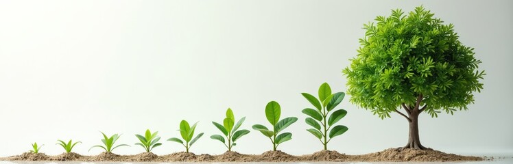 ROI graph with plant evolving into tree, symbolizing long-term investment growth. Represents value, asset appreciation, financial success with market progress, compounding gains, resource nurturing.