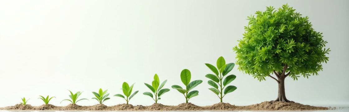 ROI graph with plant evolving into tree, symbolizing long-term investment growth. Represents value, asset appreciation, financial success with market progress, compounding gains, resource nurturing.