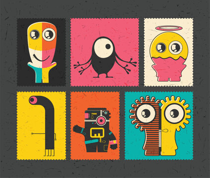 Naklejki Set of cartoon monsters  on color grunge background