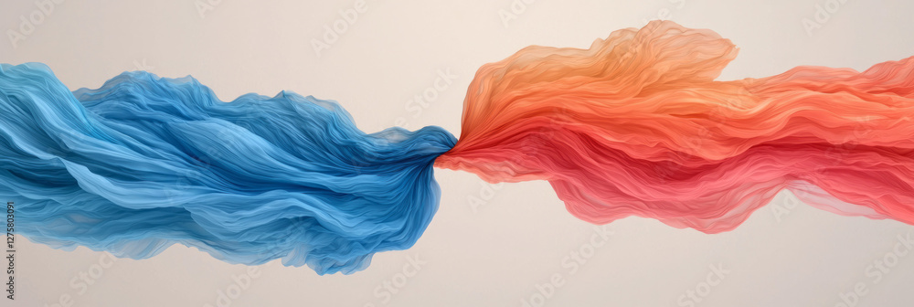 Poster gracious arcs of intense royal blue and vivid red dancing around each other, reminiscent of flowing
