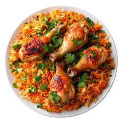 Fototapeta premium Grilled Chicken Drumsticks on a Bed of Colorful Rice isolated on png transparent background, cut out