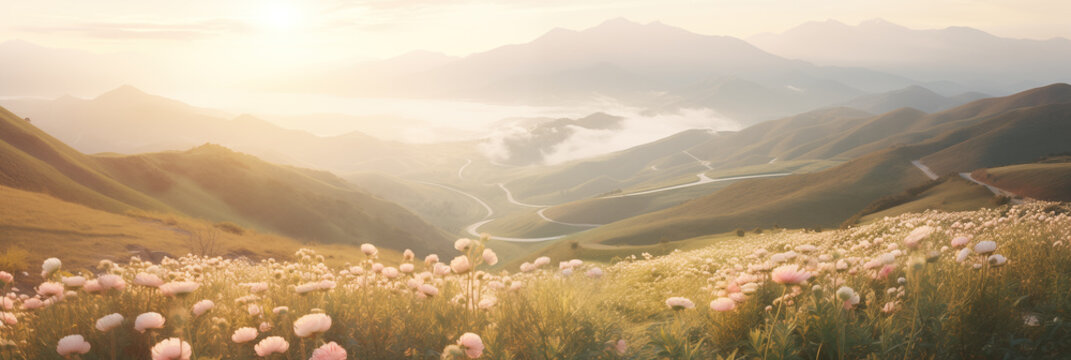 romantic field of pink sild flowers in the morning- panoramic mountain view 
