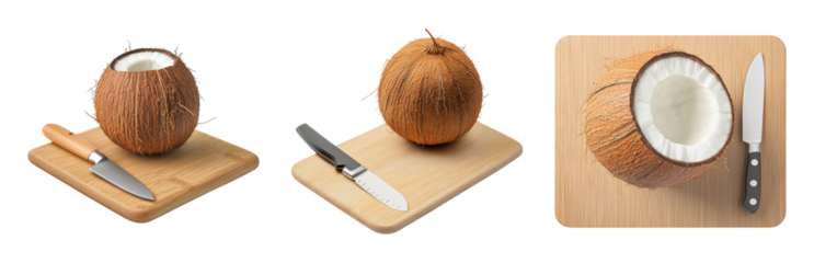Fresh Coconut on Cutting Board with Knife Ready to Cut Isolated on transparent background
