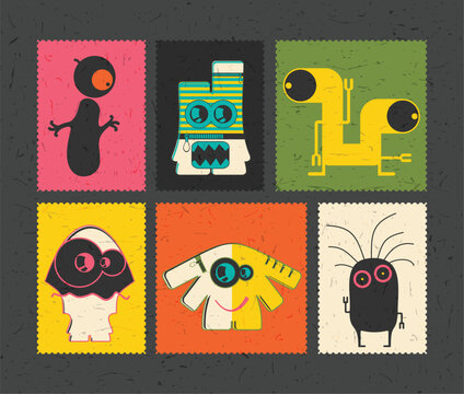 Naklejki set of cartoon monsters on color grunge backgrounds 