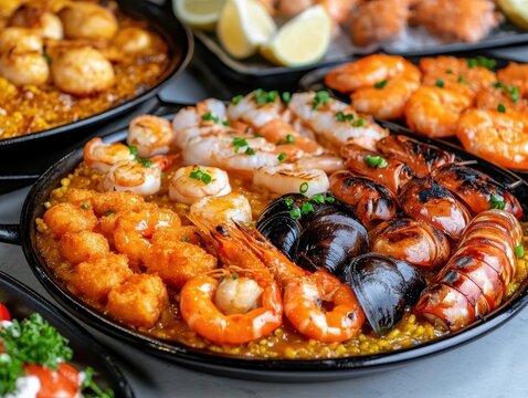 Assorted Spanish food set Paella seafood platters, grilled seafood