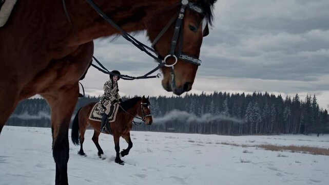 A wide-angle video shot of a person in traditional attire riding a horse across a snowy field, with a forest and cloudy sky in the background.