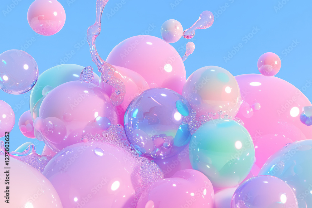 Poster fantasy-inspired bubble cluster merging cotton-candy pink and shimmering azure tones with delicate