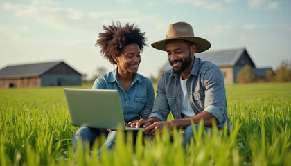 Two professionals collaborate, analyze agricultural data insights. Woman, man sit in vibrant green field. They use laptop for farming innovation, partnership on ecological harvest.