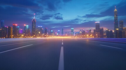 Fototapeta premium Night highway, city skyline, speeding car lights, urban landscape, travel