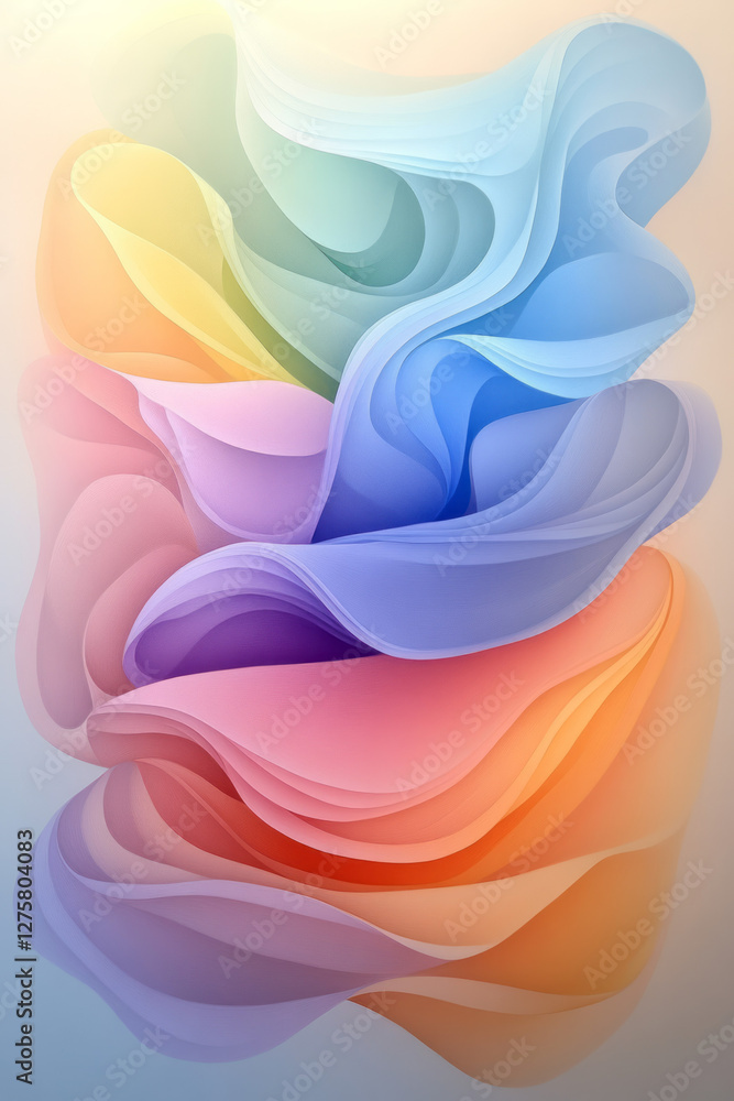 Poster fluid pastel lines drifting in horizontal waves, blending from a gentle rosy hue at the base to a