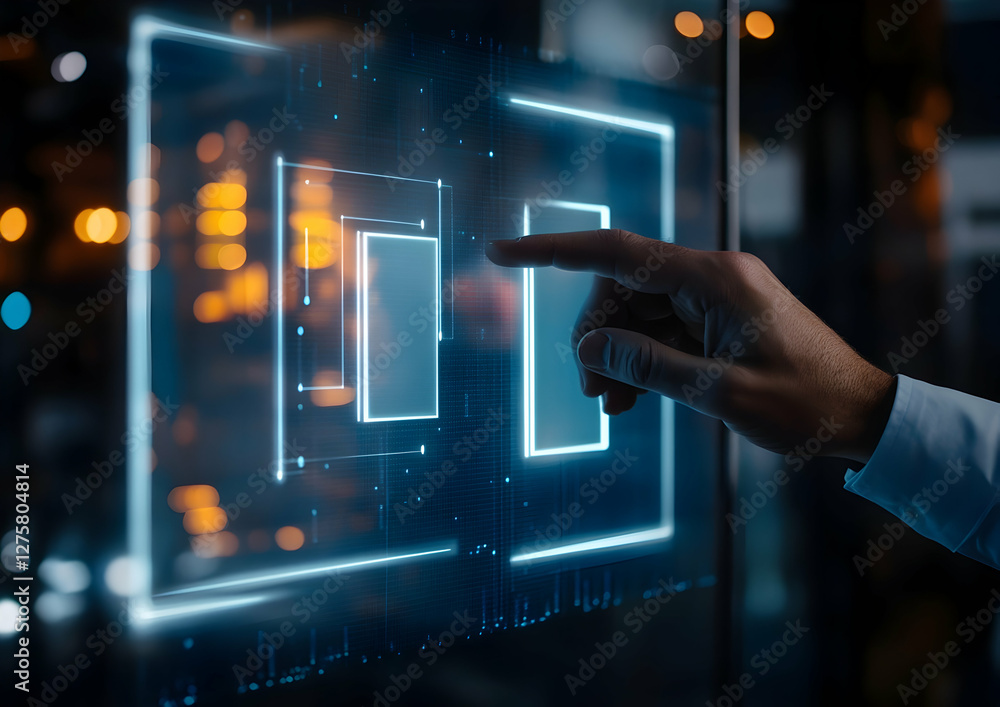 Poster businessman touching a flow chart diagram with two squares on a virtual screen