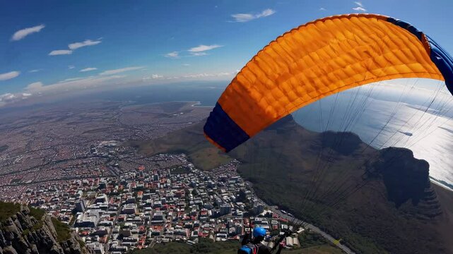 Aerial video shot captures a paraglider soaring over a cityscape with dramatic cliffs, showcasing a breathtaking bird's-eye view and vibrant colors.