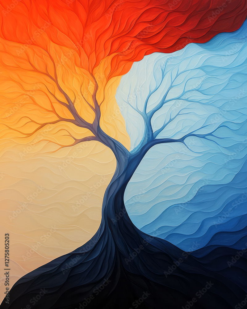Aufkleber abstract lines branching out like lightning, half in vivid red and half in icy blue, converging at
