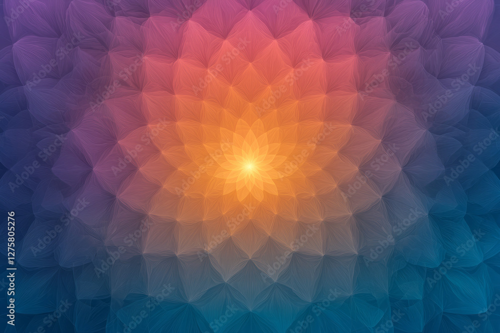 Poster kaleidoscopic radial pattern blending gradients of scarlet and cerulean, culminating in a bright