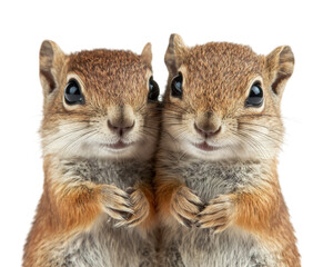 Fototapeta premium Squirrels standing together, showcasing their playful nature and fluffy fur. Their bright eyes and curious expressions add charm to this delightful scene
