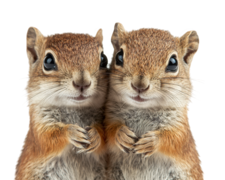 Squirrels standing together, showcasing their playful nature and fluffy fur. Their bright eyes and curious expressions add charm to this delightful scene