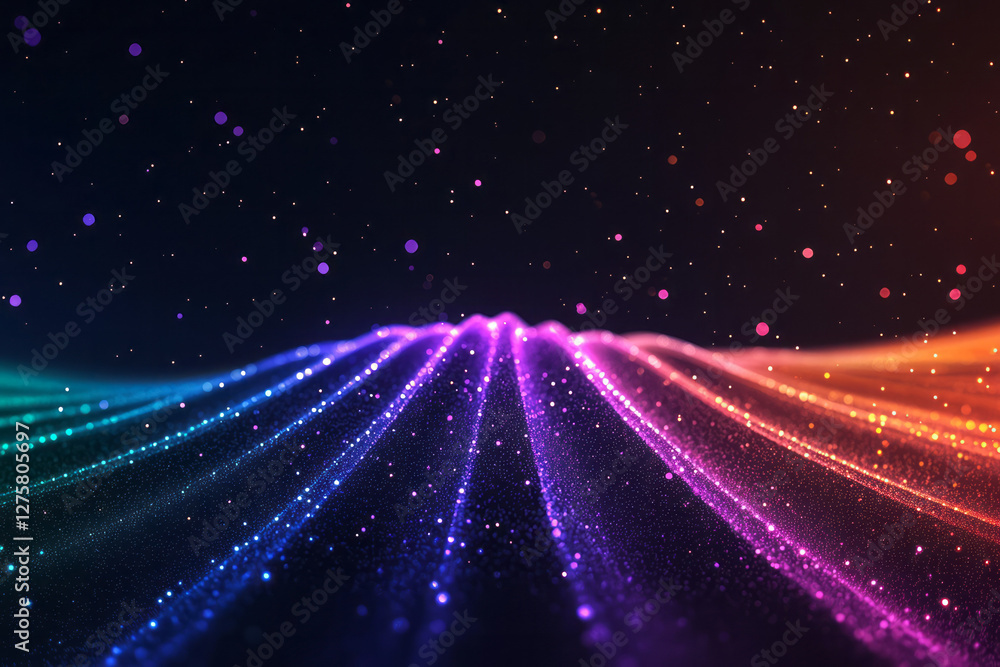 Poster Highlighted starburst pattern with radiant, prismatic halos blooming around each streaking particle,