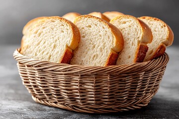 A warm and inviting basket filled with freshly sliced bread. Perfect for depicting comfort, home-cooked meals, or bakery settings in food photography.