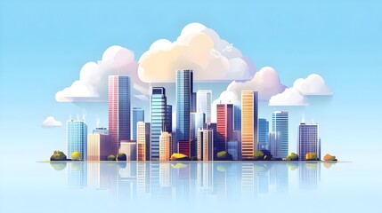 Fototapeta premium A wide-angle 3D cityscape with digital cloud icons floating overhead, representing SaaS, advanced connectivity, modern technology for banners or ads, cloud computing, digital transformation, and scala