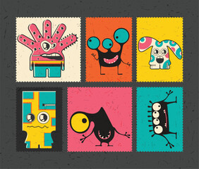 set of cartoon monsters on color grunge backgrounds	