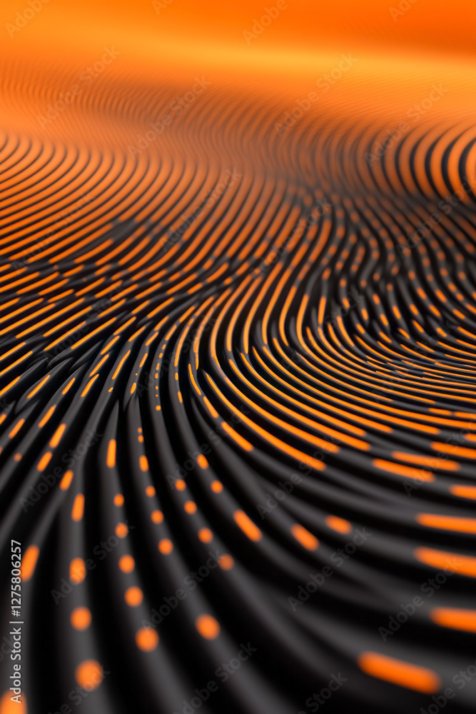 Poster bold orange-and-black composition featuring gently curving gridlines that create a hypnotic ripple