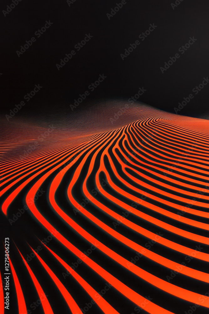 Poster bold orange-and-black composition featuring gently curving gridlines that create a hypnotic ripple