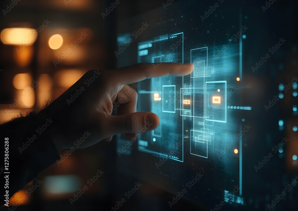 Poster businessman touching a document quality control icon on a virtual screen