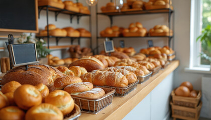 An array of assorted pastries and bread neatly displayed in bakery. Various types of freshly baked goods on shelves showcase a delightful tempting bakery selection.