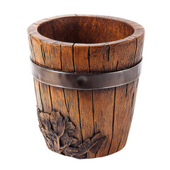 Rustic wooden bucket with leaf design on display isolated on png transparent background, cut out