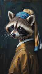Ai generated oil painting Portrait of a cute Raccoon Vermeer style of the artwork