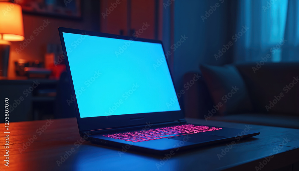 Fototapete Gaming laptop sits on table in dark room. Blank blue screen reflects surface. Neon pink keyboard backlight. Modern computer display template for mockups and presentations. Gamer workspace.