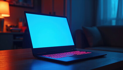 Gaming laptop sits on table in dark room. Blank blue screen reflects surface. Neon pink keyboard backlight. Modern computer display template for mockups and presentations. Gamer workspace.