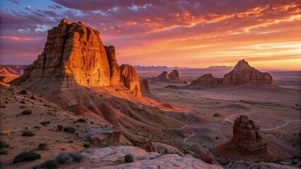 Fototapeta premium Sunset illuminating dramatic rock formations in a high-altitude desert