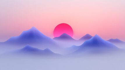 Stylized polygonal mountains outlined by glowing purple edges, receding into a hazy twilight