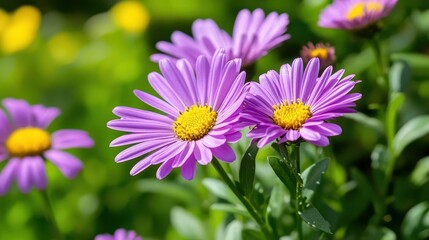 Obraz premium Beautiful flower garden with blooming asters and different flowers in sunlight, landscape design