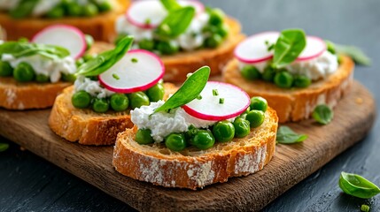 A gourmet-style spring pea and radish crostini on a rustic wooden board, isolated on a dark slate background, with soft side lighting and elegant garnish details