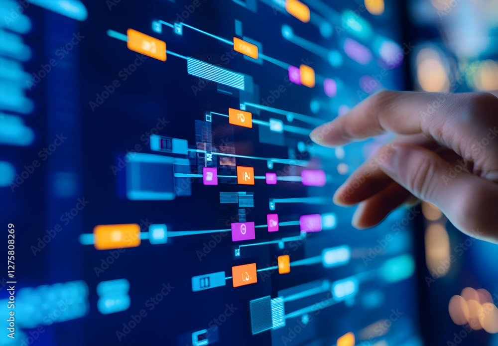 Poster computer screen displaying an online process flow diagram with icons and lines