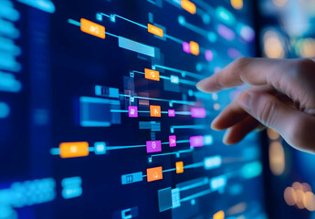 computer screen displaying an online process flow diagram with icons and lines