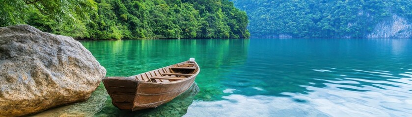 Obraz premium Boat docked on the shore of a tranquil lake surrounded by trees and natural scenery