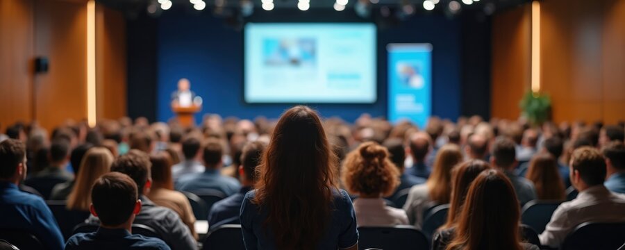 Rear view of audience in conference hall. Speaker gives speech at business symposium. Unrecognized participants attend lecture. Business, entrepreneurship meeting, coach training, education, science
