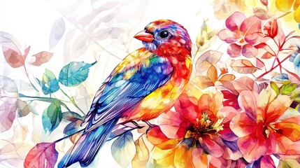 Obraz premium Dreamy exotic bird resting among vivid flowers, stained glass watercolor effect, radiant feathers, intricate floral patterns, centered on a white background 