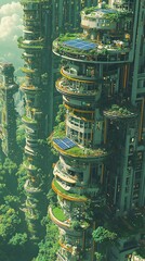 Futuristic Green Cityscape with Vertical Forests and Solar Panels