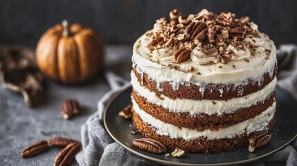 Stunning Autumnal Pecan Cake with Vanilla Cream - A Layered Dessert Masterpiece