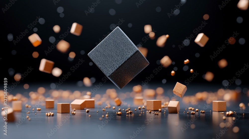 Poster abstract floating cube surrounded by small shapes in a dark elegant environment