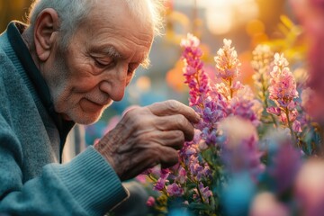 Elderly man gently touches vibrant purple flowers in a sunlit garden, enjoying nature's beauty.