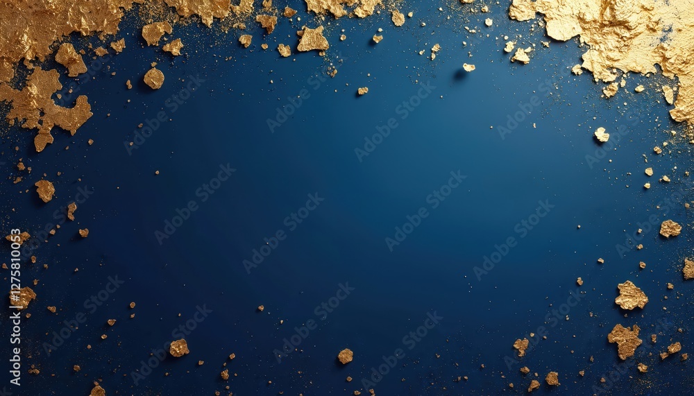 Poster luxurious abstract blue background with scattered gold flakes. opulent setting perfect for festive d