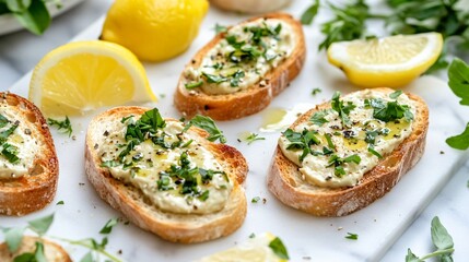 Bright and airy setting with crostini presented on a white marble slab, scattered with fresh herbs and lemon wedges for a fresh spring vibe