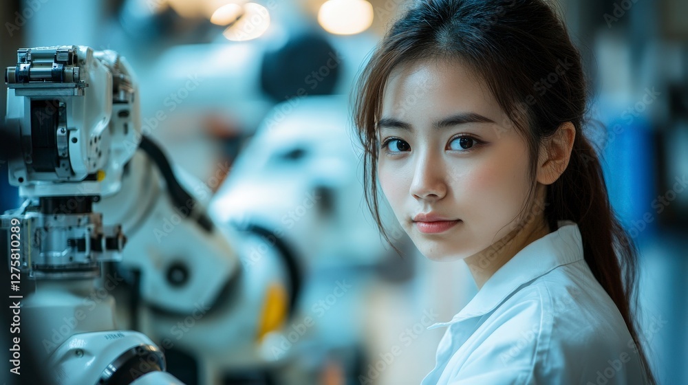 Poster young female engineer working in a high-tech laboratory with advanced robotics