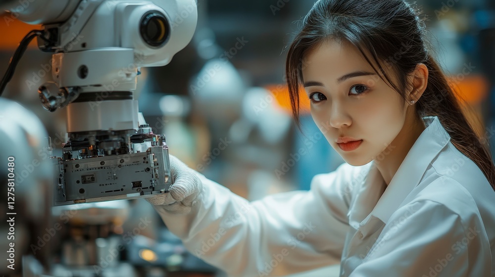Poster young engineer working with advanced robotics in high-tech laboratory environment